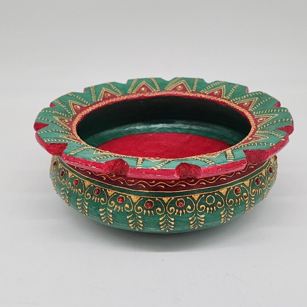 Indian Terracotta Uruli Bowl Emerald Green Colorful Jeweled Bohemian Decor 9" Bo - Picture 6 of 12